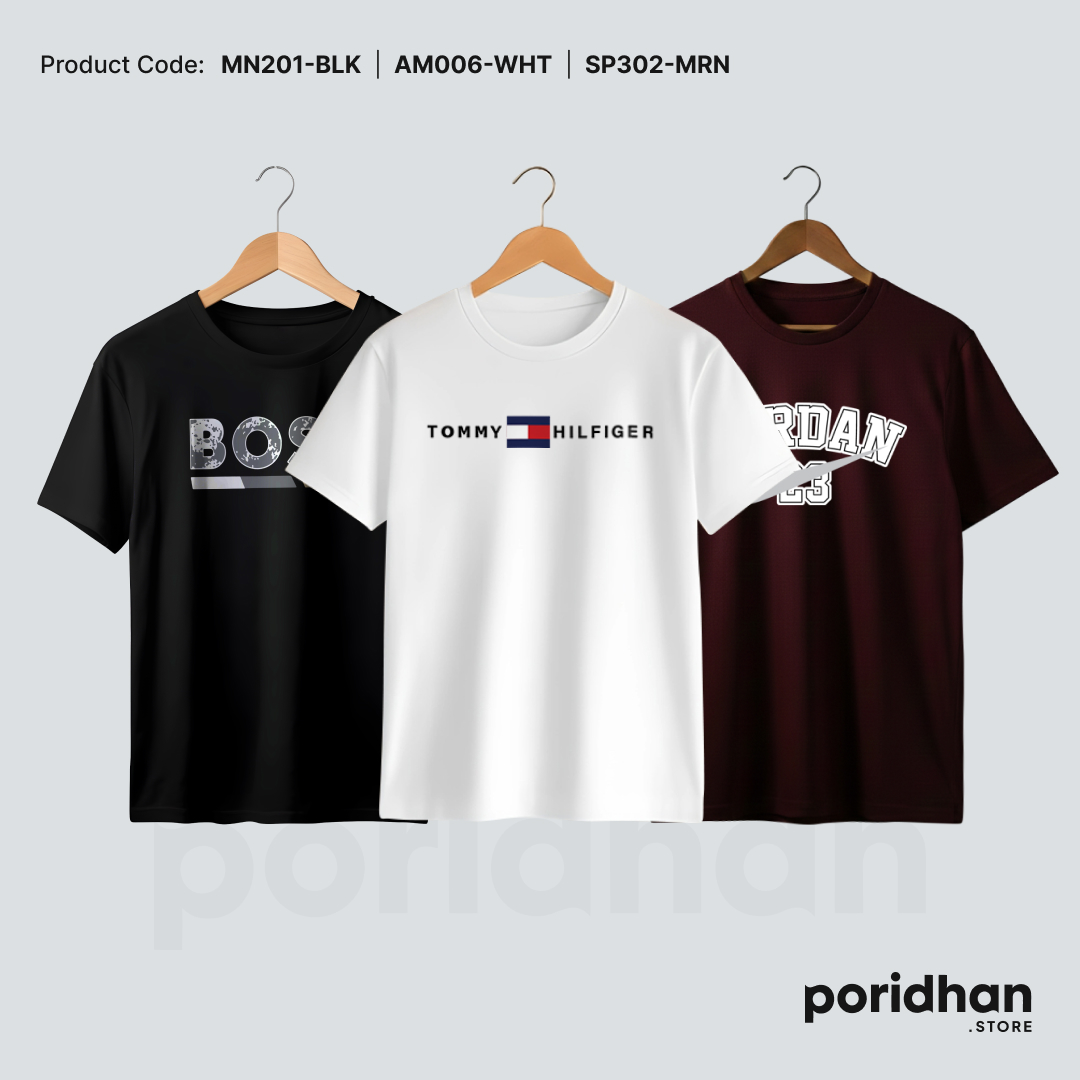 classic essential 3-piece t-shirt set of black & white and maroon for men by Poridhan Store