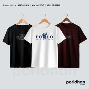 everyday comfort minimal triple tee pack of black & white and maroon for men by Poridhan Store
