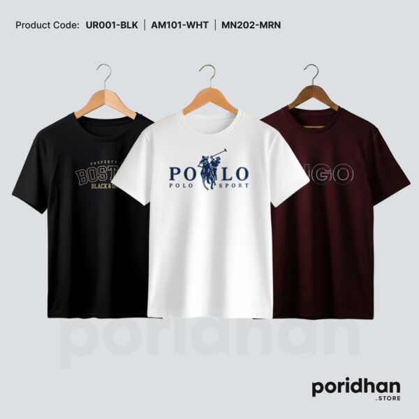 everyday comfort minimal triple tee pack of black & white and maroon for men by Poridhan Store