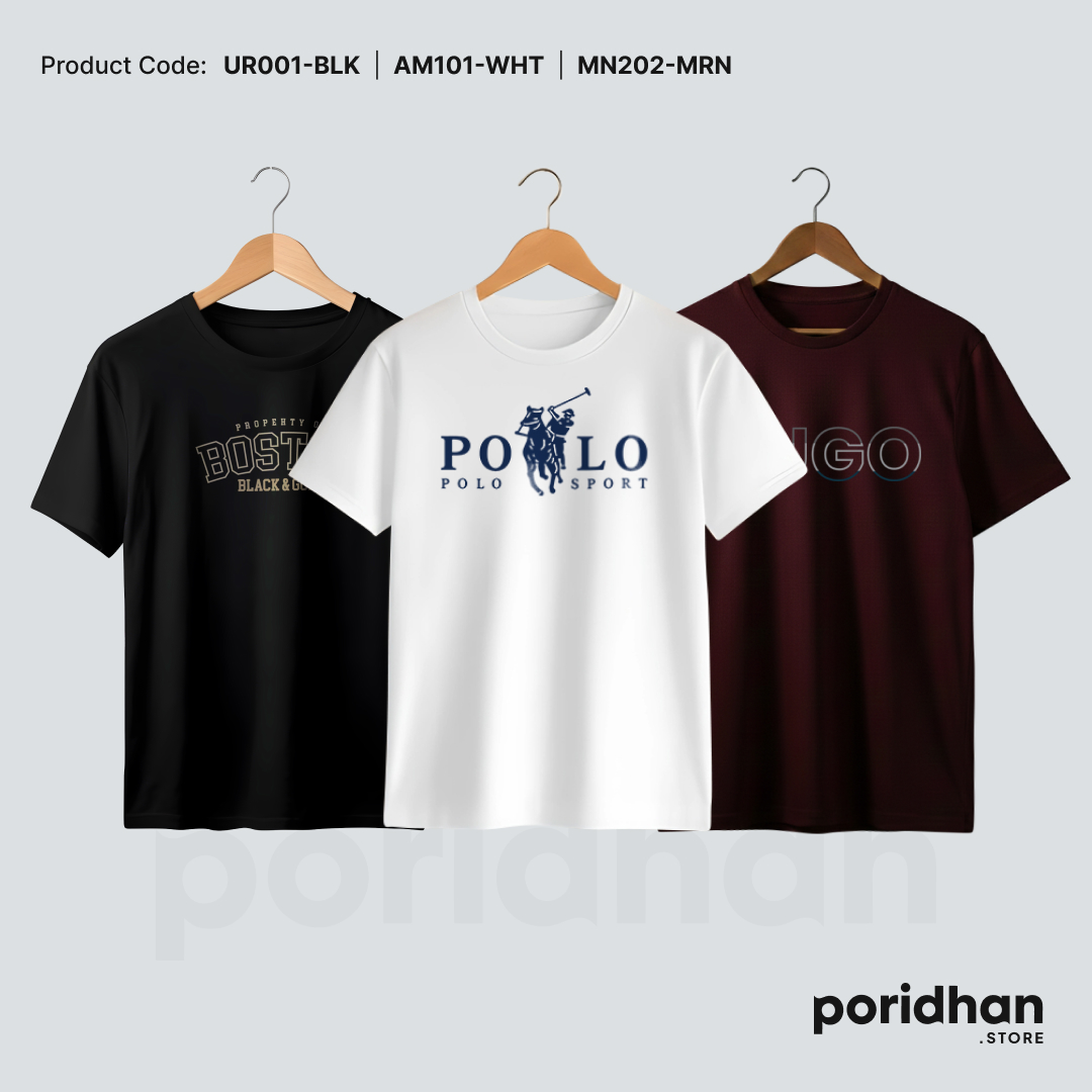 everyday comfort minimal triple tee pack of black & white and maroon for men by Poridhan Store