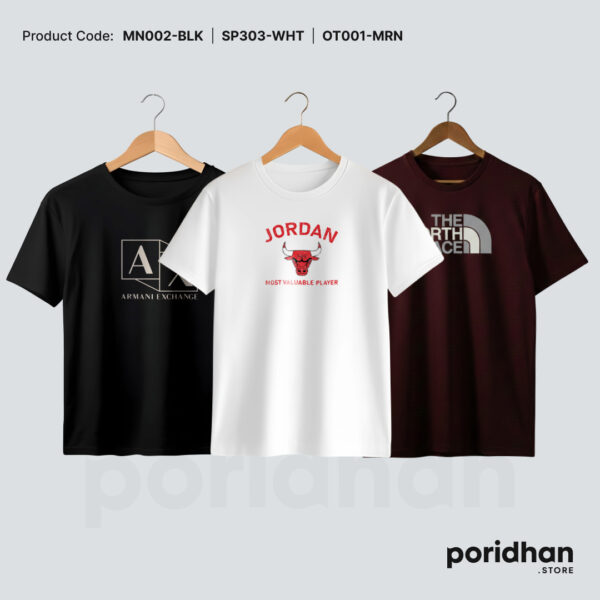 premium minimal cotton 3-piece tee set of black & white and maroon for men by Poridhan Store