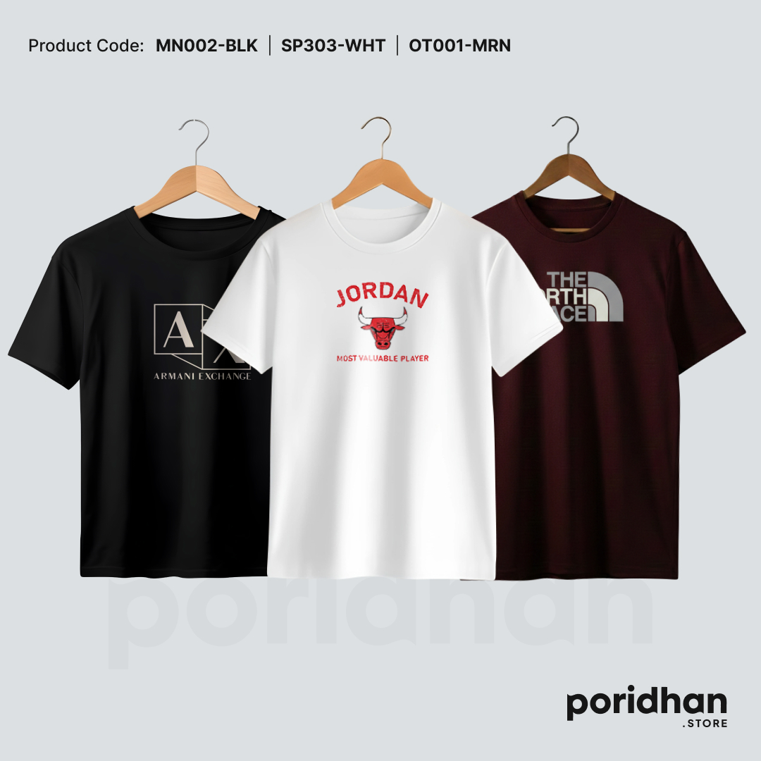 premium minimal cotton 3-piece tee set of black & white and maroon for men by Poridhan Store